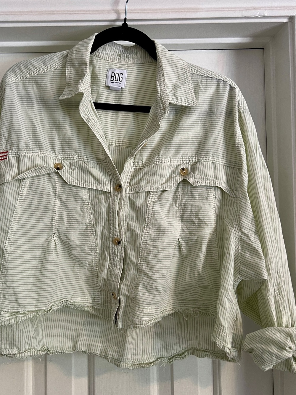 Green & White Striped Cropped Button Up
